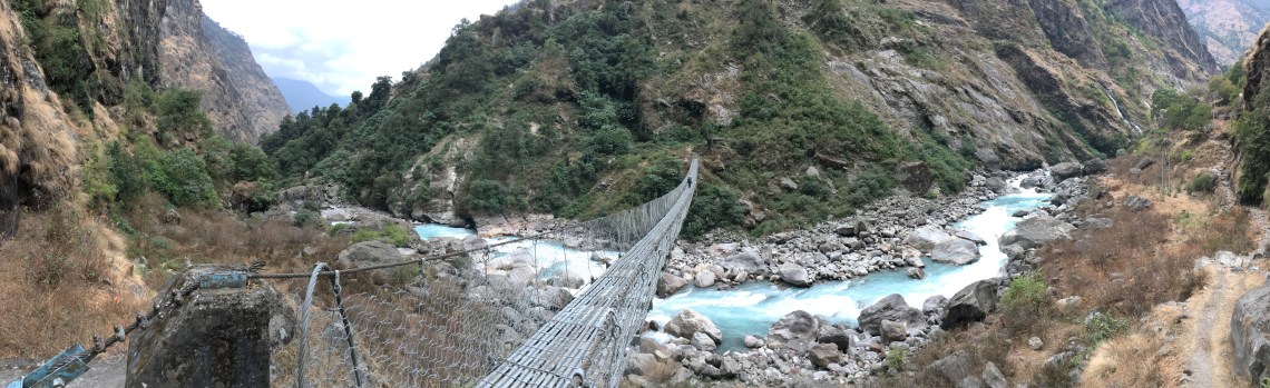 chamje suspension bridge annapurna circuit nepal himalayas